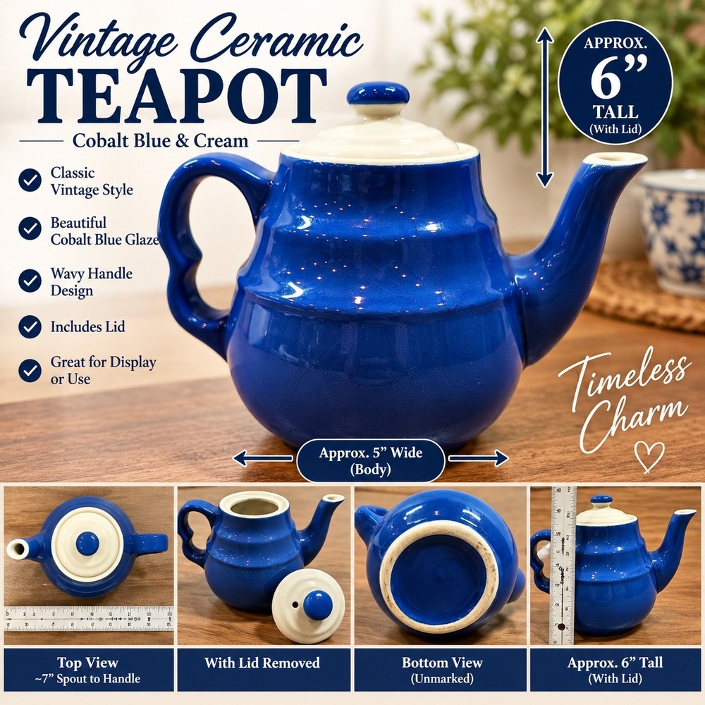 Vintage Cobalt Blue Ceramic Teapot Cream Lid Wavy Handle 6in Ribbed Tea Pot